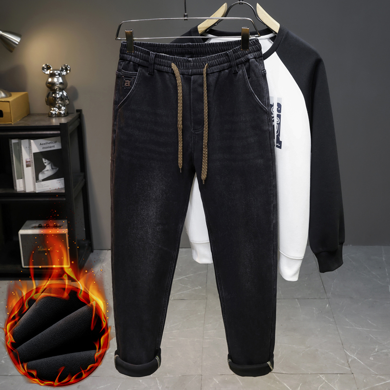 Men'S Fashion Grey Jeans - Męskie zimowe nowe dżinsy polarowe z